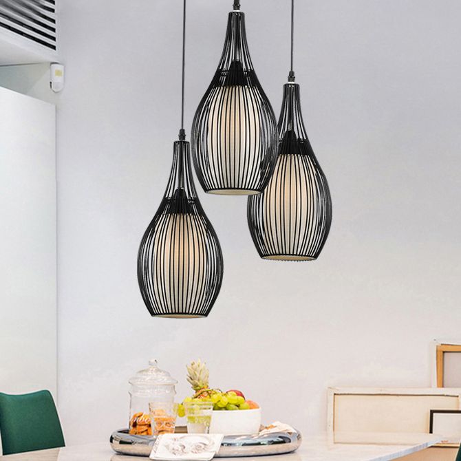 Black Teardrop Shaped Hanging Lamp Vintage Iron 3-Light Dinner Pendant Lighting Fixture