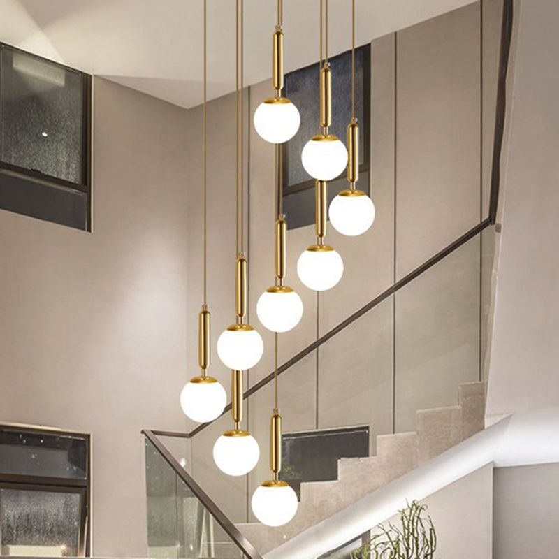 Minimalist Ball Pendant Lighting White Glass Stairway Multi Hanging Light Fixture in Gold