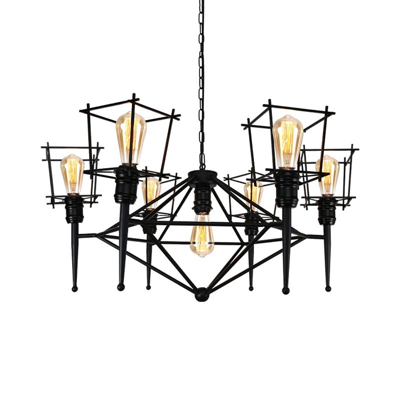 Squared Cage Iron Pendant Lighting Industrial Multi Light Restaurant Chandelier Lighting in Black