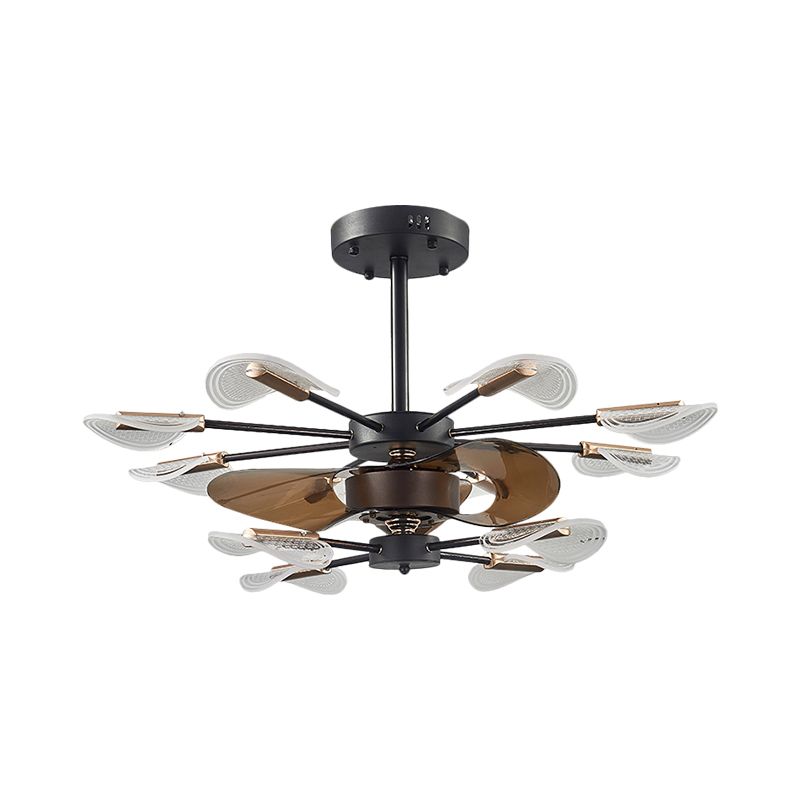 Modern Cattail Leaf Semi Flush Lighting Acrylic 10 Lights Bedroom 3-Blade Fan Lamp Fixture in Black, 35.5" Wide