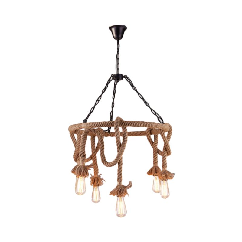 Hemp Rope Brown Pendant Chandelier Bare Bulb 6 Lights Countryside Ceiling Light for Restaurant