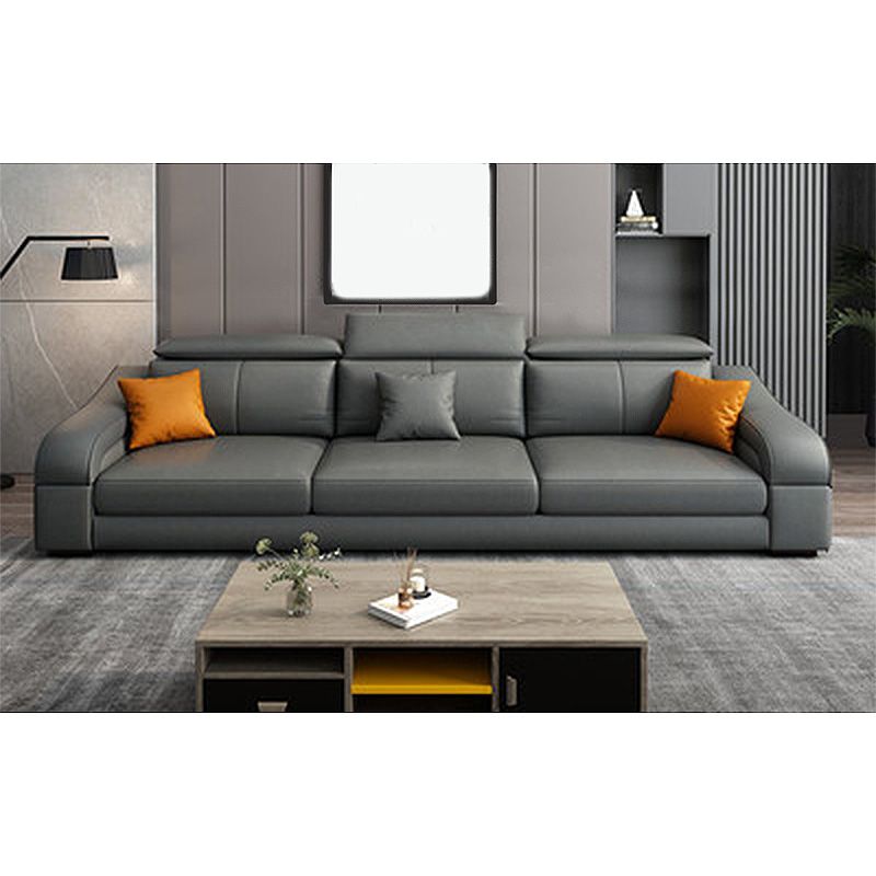 Dark Gray Faux Leather Sloped Arm Sofa Slipcovered Sectional with Pocket Storage