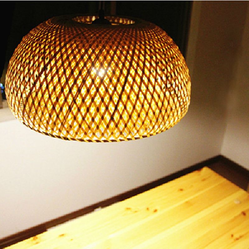 1-Bulb Bedside Drop Light Asian Wood Pendant Lighting Fixture with Round Bamboo Shade