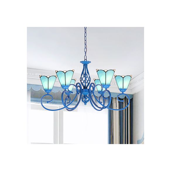 Stained Glass Cone Hanging Ceiling Light with Blue Curved Arm Tiffany 6 Lights Hanging Chandelier in White/Blue