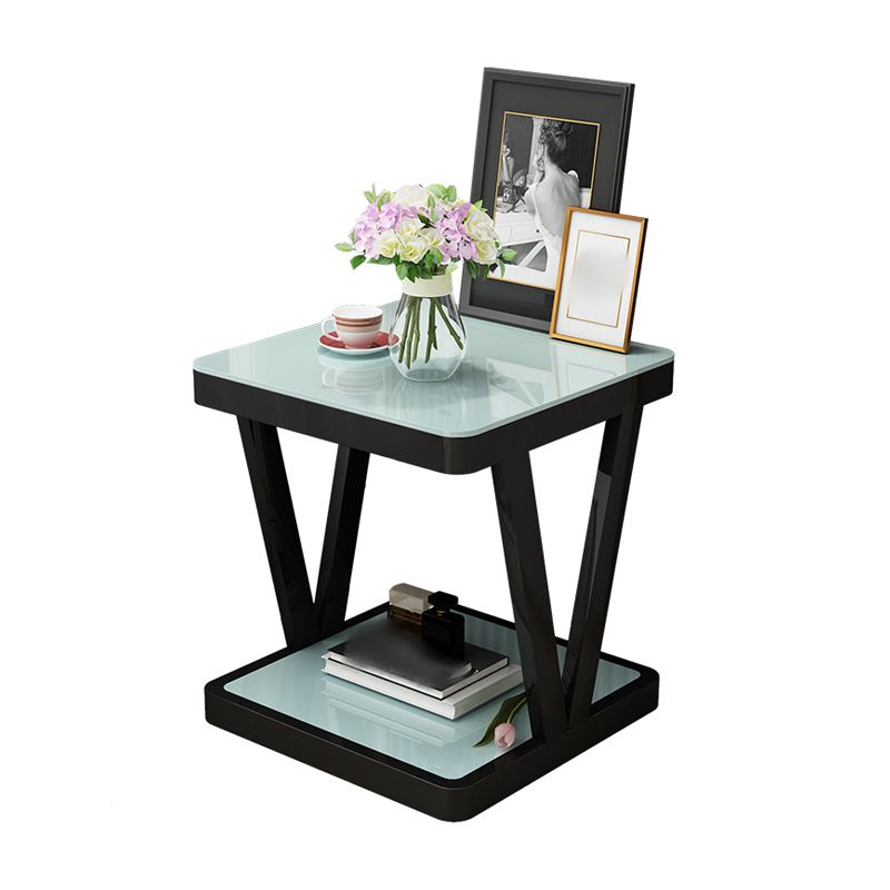 Glass Top Night Table Open Storage Steel Modern 2-Shelf Nightstand in Black/White