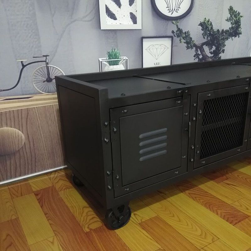 Metal Black TV Cabinet Industrial Style Home TV Stand Console with Casters