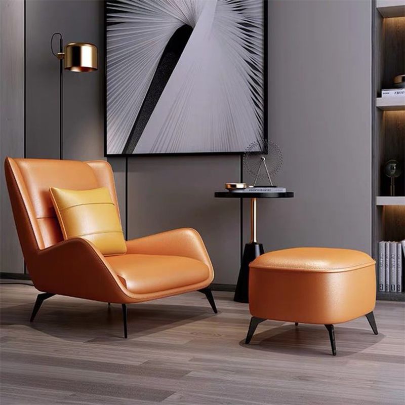 Modern Pillow Back Chair Genuine Leather Upholstered ArmChair in Orange