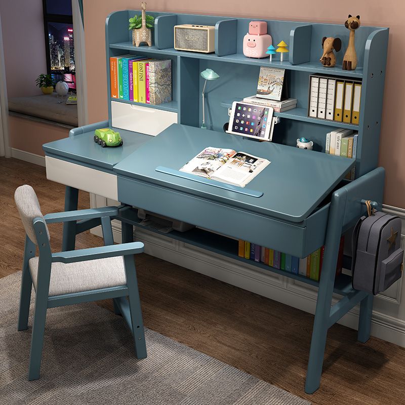 Wood Adjustable Desk and Chair 2 Drawers Kids Writing Desk with Bookshelf