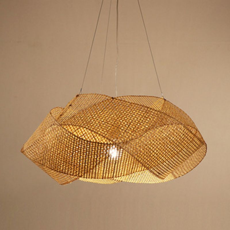 Swirl Pendant Lighting Fixture Asia Style Bamboo Restaurant Hanging Ceiling Light in Beige