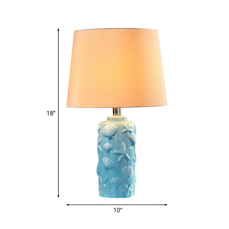 Blue 1 Head Night Lamp Rural Fabric Tapered Shade Table Stand Light with Shell and Starfish Details