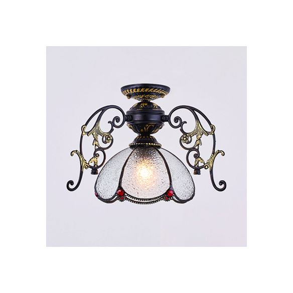 Traditional Petal Ceiling Light with Bowl Shade Stained Glass 1 Light Blue Diamond/Frosted Semi Flush Light in Black/White