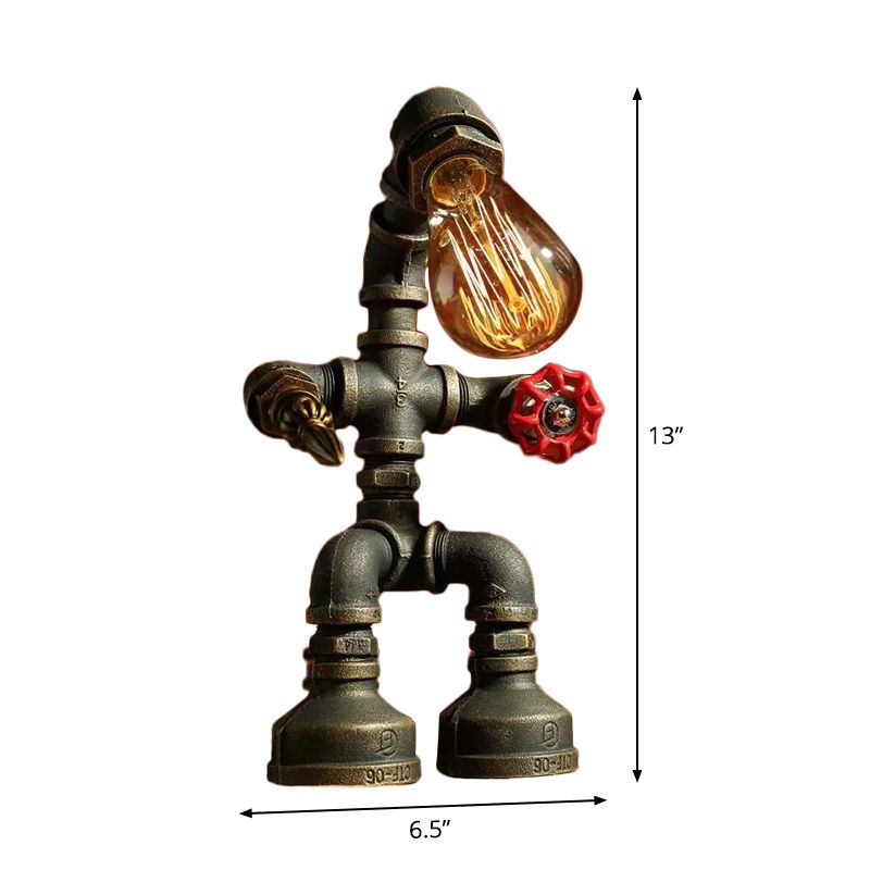 Iron Pipe Robot Night Table Light Cyberpunk Single-Bulb Boys Room Nightstand Lamp in Brass/Copper