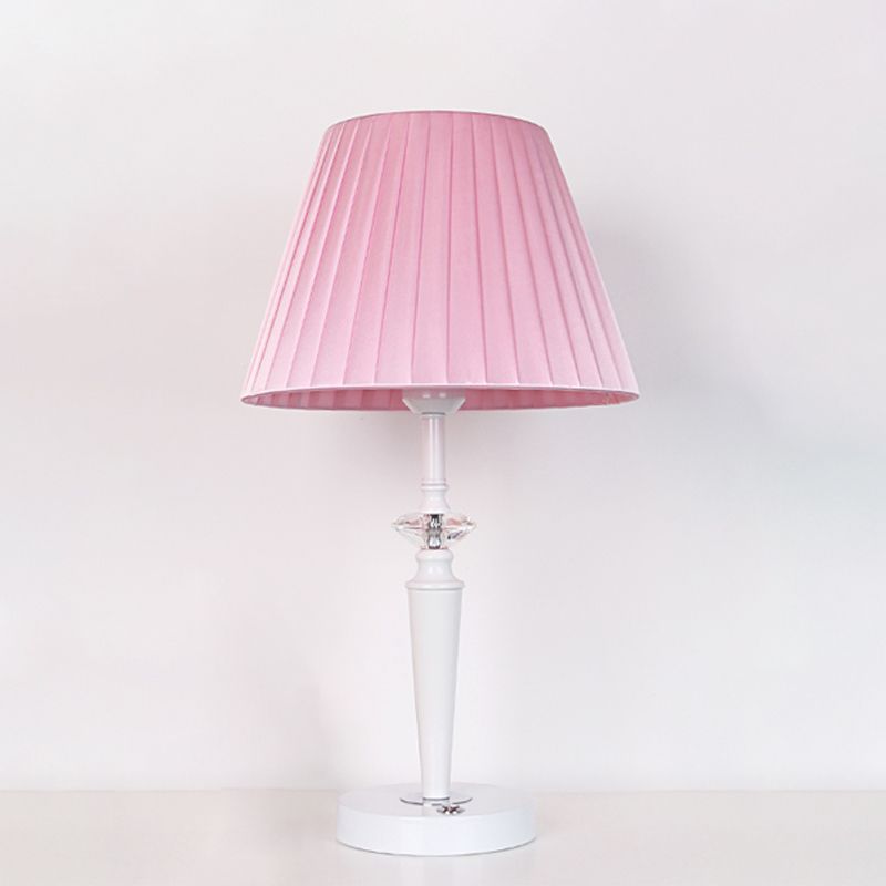 Tapered Fabric Desk Light Modern 1-Light Pink Night Table Lamp with Faceted Crystal Deco and Touch Switch