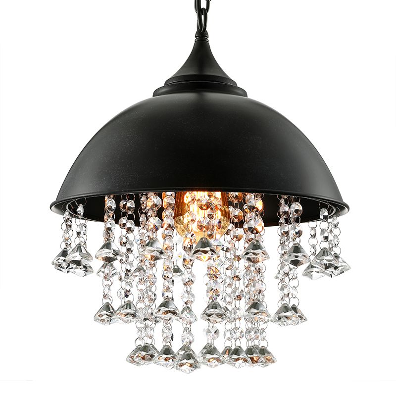 1 Bulb Dome Pendant Light Fixture Industrial Black/Chrome Metal Hanging Light with Crystal Bead