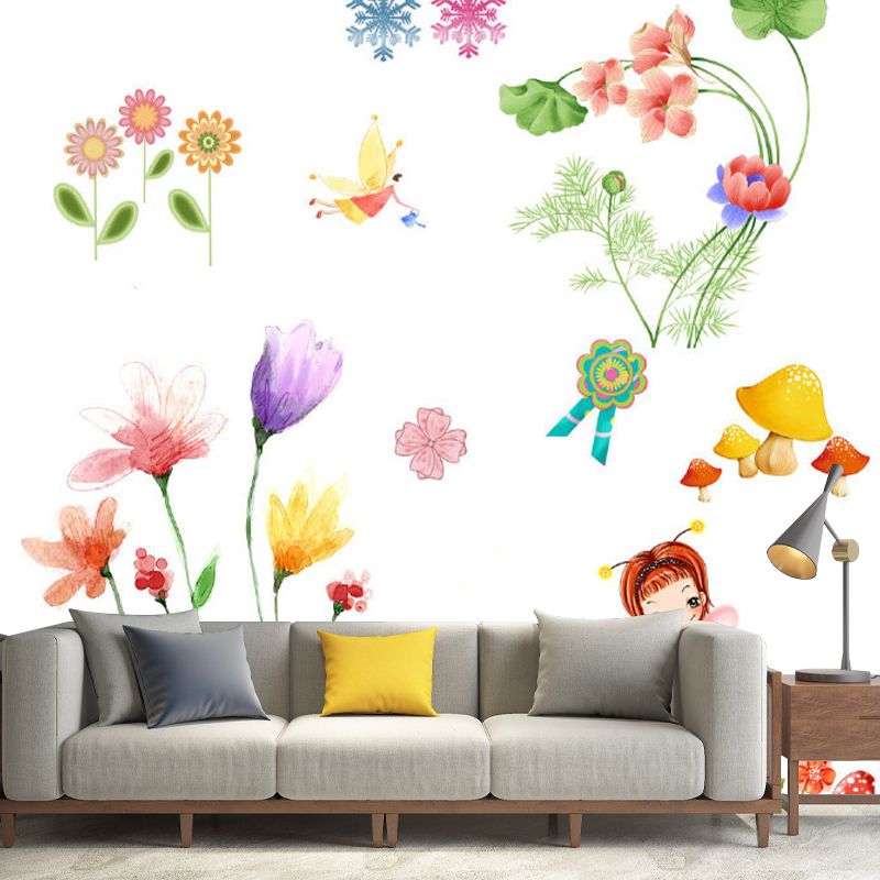 Cartoon Fairy and Flowers Mural Non-Woven Stain Proof Colorful Wall Covering for Child Room