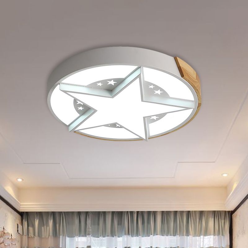 Star Bedroom Flush Ceiling Light with Round Design Metal LED Macaron Flush Mount in White/Pink/Blue and Wood