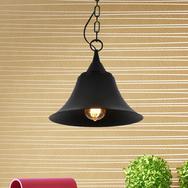 1 Head Pendant Light Industrial Restaurant Down Lighting with Bell Iron Shade in Black