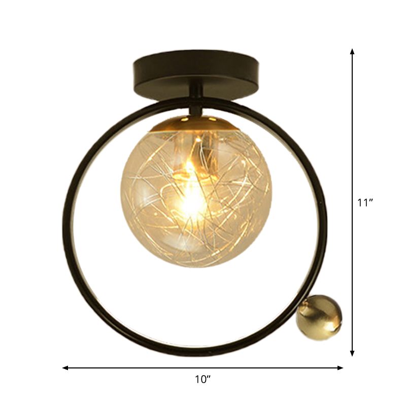 Spherical Semi Flush Light Contemporary Clear Glass Single Bulb Black Ceiling Mounted Fixture with Globe/Bird Decor