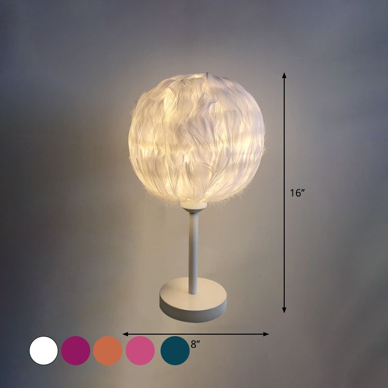 Handmade Sphere Feather Table Light Nordic Style 1-Light White/Pink/Rose Red Nightstand Lamp with Plug-in Cord