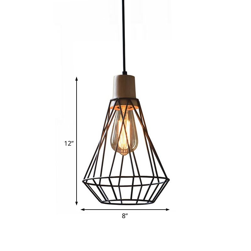 12"/13" H 1-Light Pendant Light Fixture Modern Geometric Wire Cage Iron Pendant Lamp with Wooden Top in Black for Bedroom