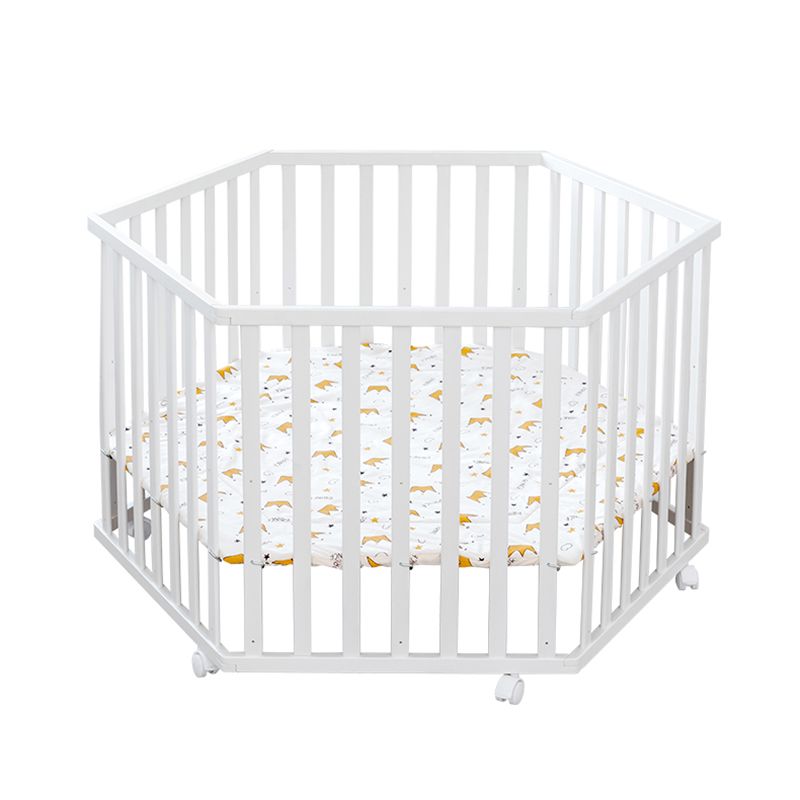 Hexagon White Crib Solid Wood 4-In-1 Convertible Crib with Casters