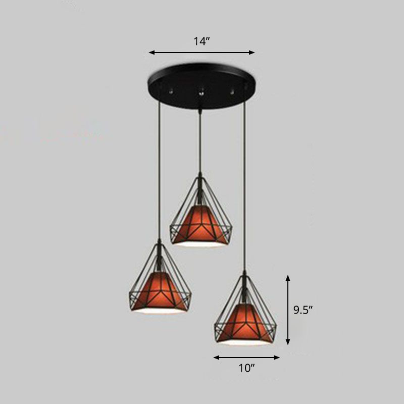 Stof conisch hangend licht antieke 3 koppen eetkamer multi -light hanger met diamantkooi