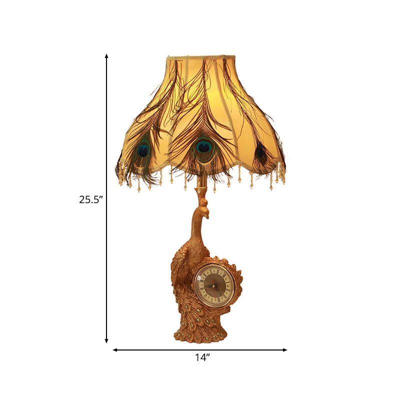 Classic Scalloped Table Light 1 Light Fabric Task Lighting in Brown/Gold for Bedroom with Peacock and Clock