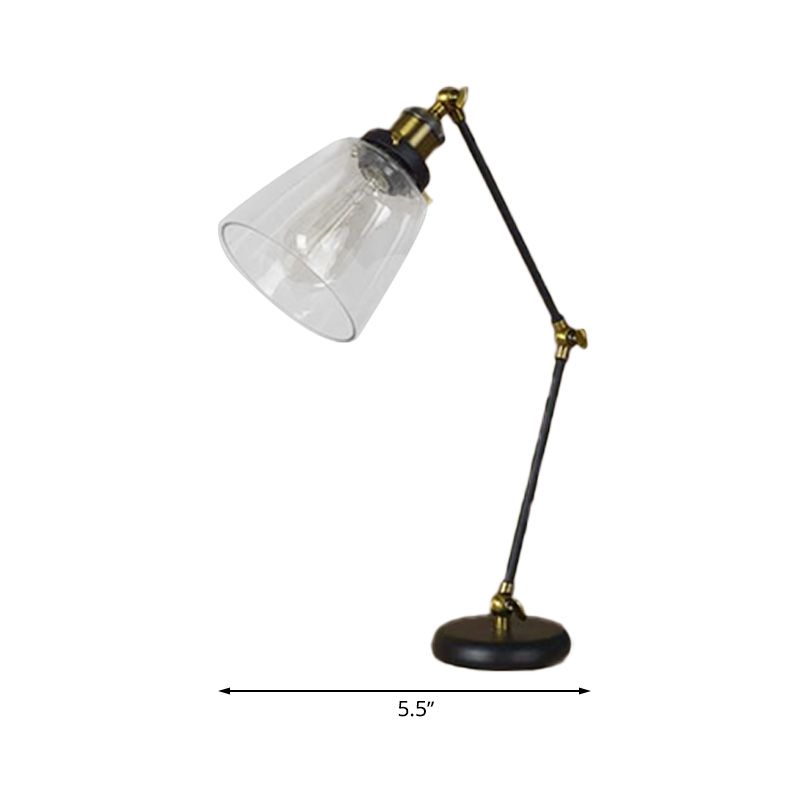 Black One Light Desk Lighting Industrial Clear Glass Tapered Reading Lamp with Swing Arm