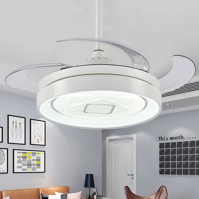 Circular Metal Semi-Flush Mount Modern LED 42" W Living Room 4 Blades Hanging Fan Light in White, Remote/Wall Control/Frequency Conversion and Remote Control