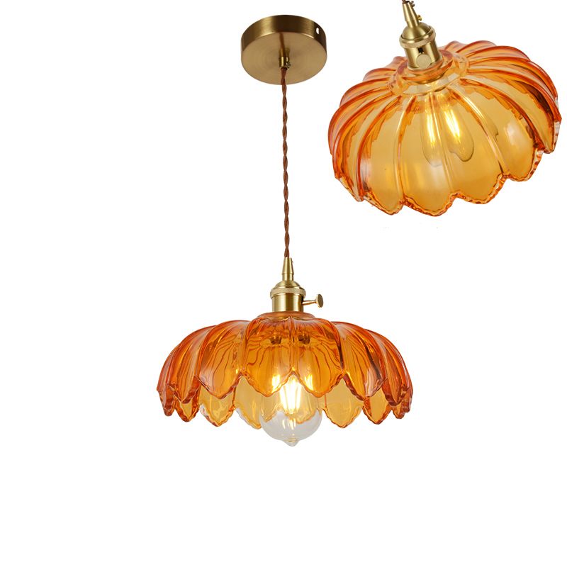 Single-Bulb Hanging Lamp Vintage Shaded Ribbed Glass Lighting Pendant in Brass for Dining Room