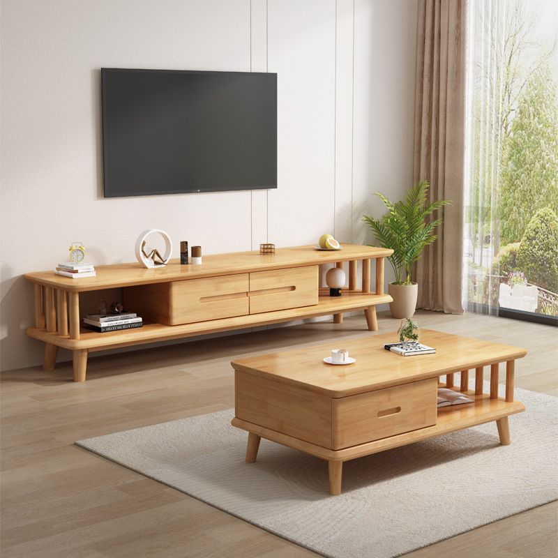 Contemporary Solid Wood TV Console 2-open Shelf TV Stand with Drawers