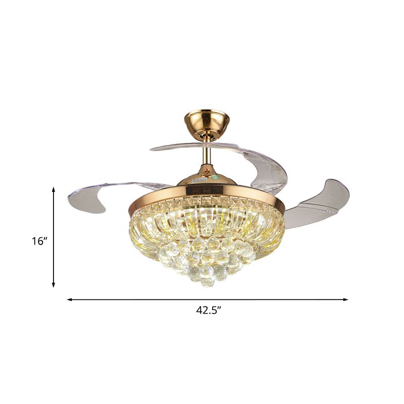 3 Blades Crystal LED Ceiling Fan Light Modernist Gold Conic Living Room Semi-Flush Mount, 42.5" W