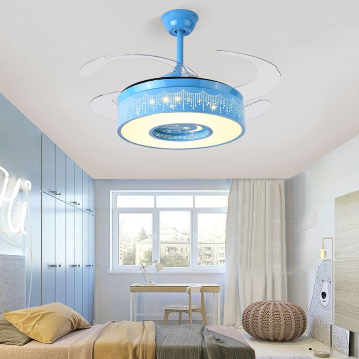 Cartoon Style Ceiling Fan Lamp Cylinder Shape LED Ceiling Fan Light for Children's Room