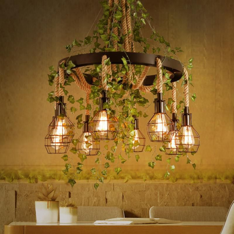 8 Heads Hemp Rope Cluster Pendant Industrial Black Bare Bulb Restaurant LED Down Lighting with Plant