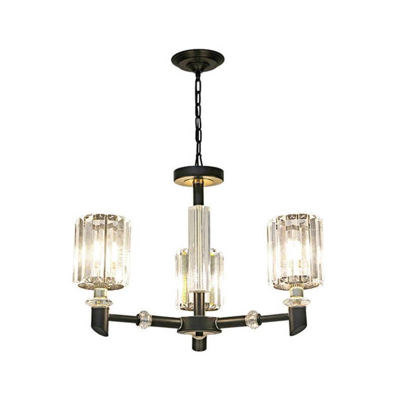 Crystal Cylinder Shade Clear Chandelier Black Metal Frame 3/6 Bulbs Contemporary Ceiling Lighting