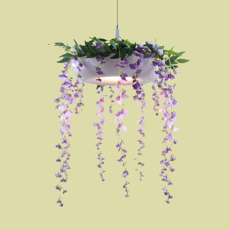 Metallic Donut Shade Pendant Light Fixture Farm 1-Light Living Room Hanging Lamp Kit in White/Pink/Purple with Cascading Flower Deco