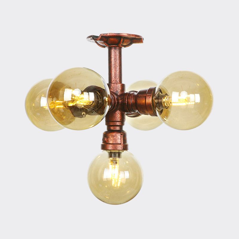 Farmhouse Global Semi Mount Lighting 4/5/6-Light Amber Glass LED Flush Lamp Fixture in Copper