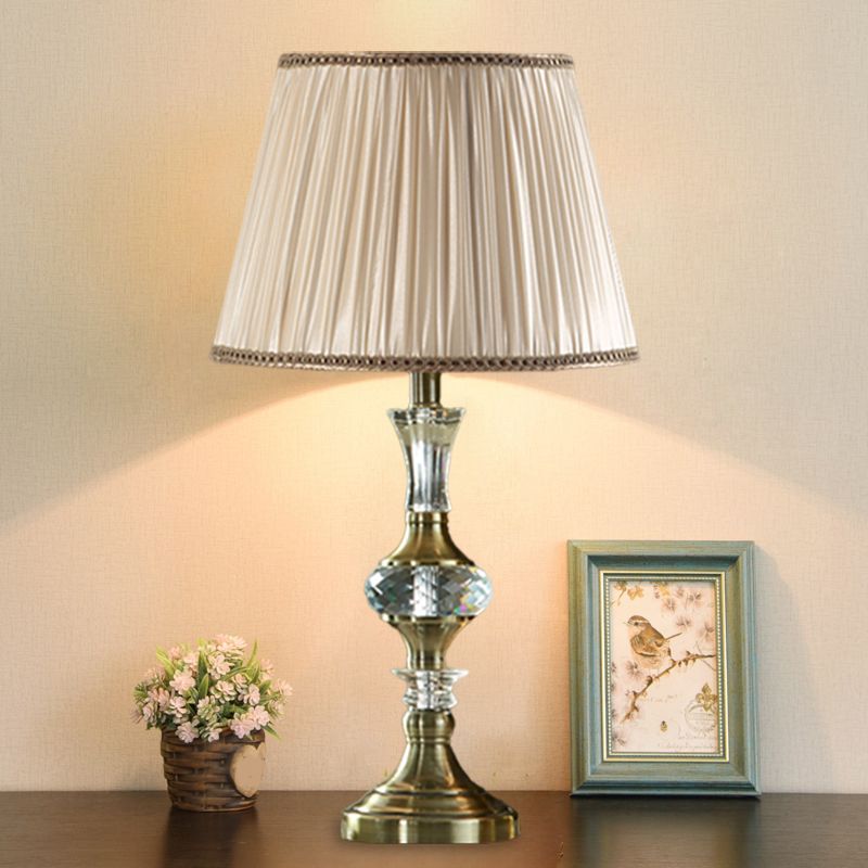 Fabric Beige Night Stand Lamp Tapered Pleated Shade 1 Bulb Traditional Table Light with Crystal Balls