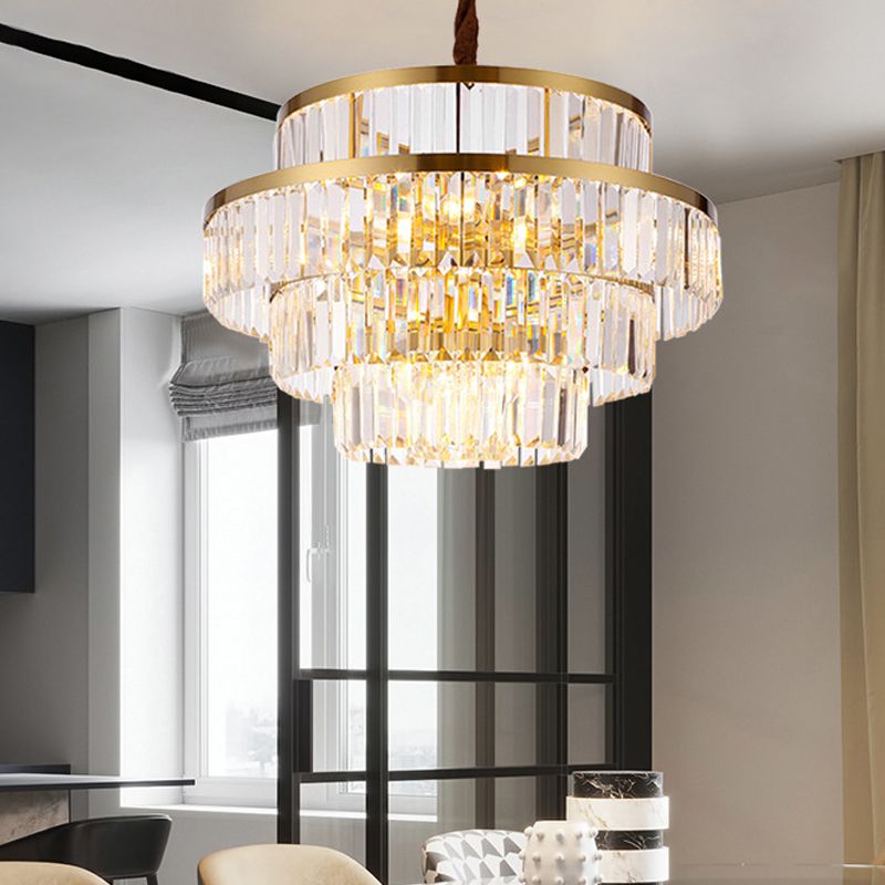 Modernism 12 Bulbs Ceiling Chandelier Brass Tiered Hanging Pendant Light with Crystal Shade