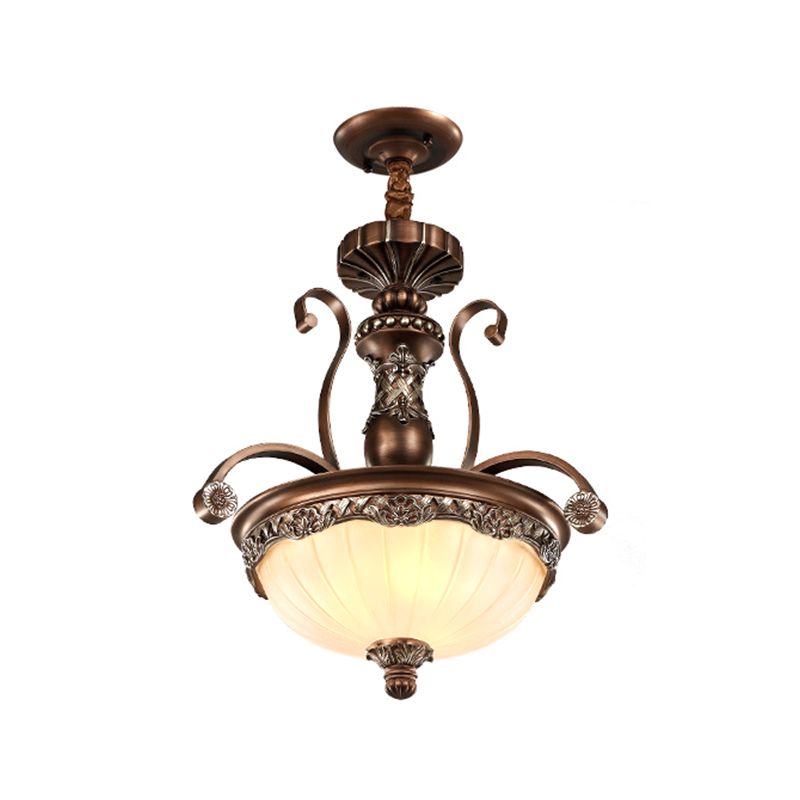 White Ribbed Glass Bowl Shade Pendant Traditional 3 Lights Dining Room Down Lighting in Bronze
