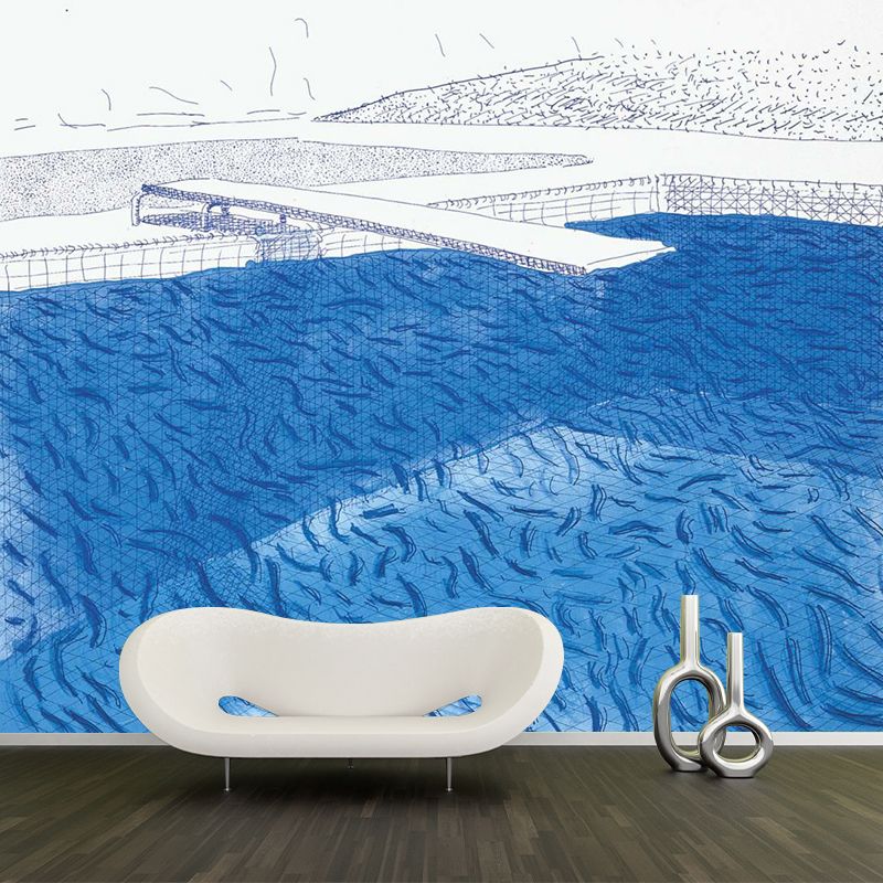 Blue-White Artistry Wallpaper Murals Whole Swimming Pool with Fishes Drawing Wall Decor for Hall