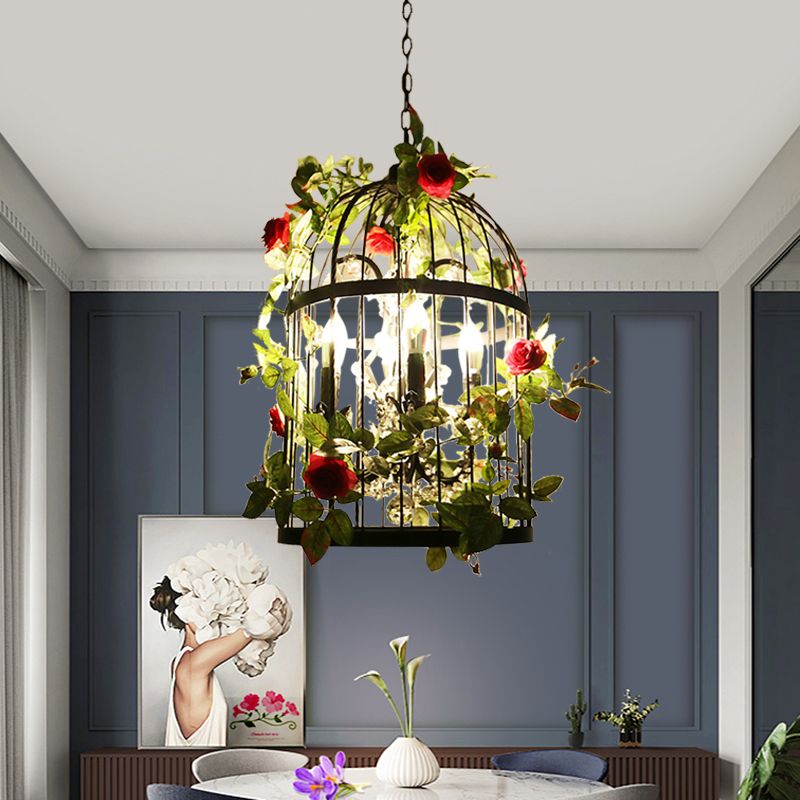 Zwart 4 lichten kroonluchter lichte boerderij metallic vogelcage hanger lamp met roze bloem/groen planten deco