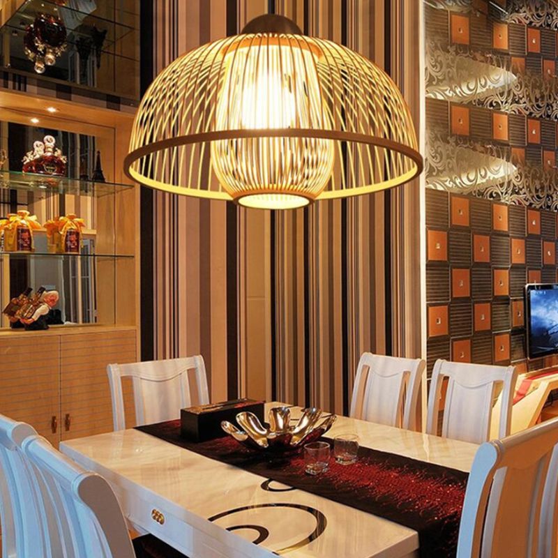 Single Head Dome Shade Hanging Lamp Asian Bamboo Ceiling Drop Light over Dining Table