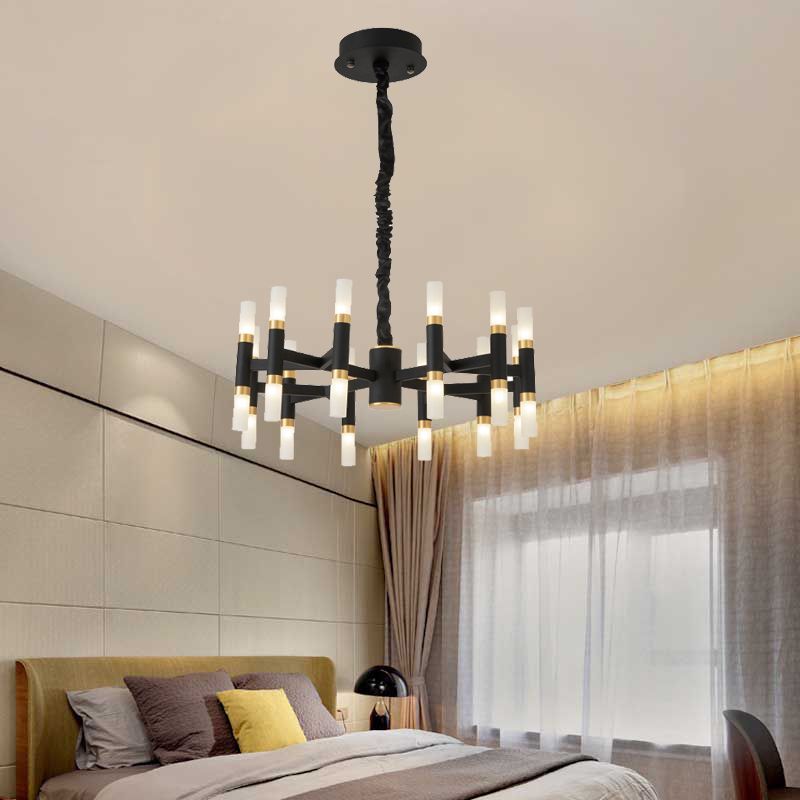 24/36/60 Lights LED Bedroom Chandelier with Tubular Iron Shade Modern Black/White Ceiling Pendant