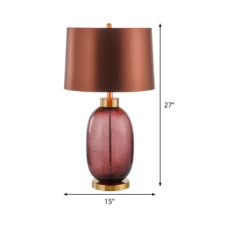 Barrel Shape Desk Light Contemporary Fabric 1 Bulb Night Table Lamp in Brown with Oblong Glazed Crystal Base