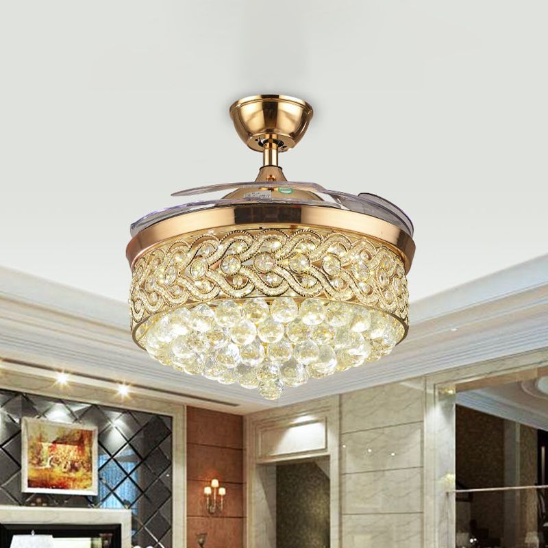 Chevron-Side Drum Crystal Fan Lighting Simple 26" Wide 3-Blade Living Room LED Semi Flush Mount in Gold