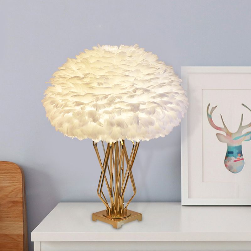 Half-Globe Feather Table Lamp Post-Modern Single White and Brass Night Light with Open Urn Shaped Base