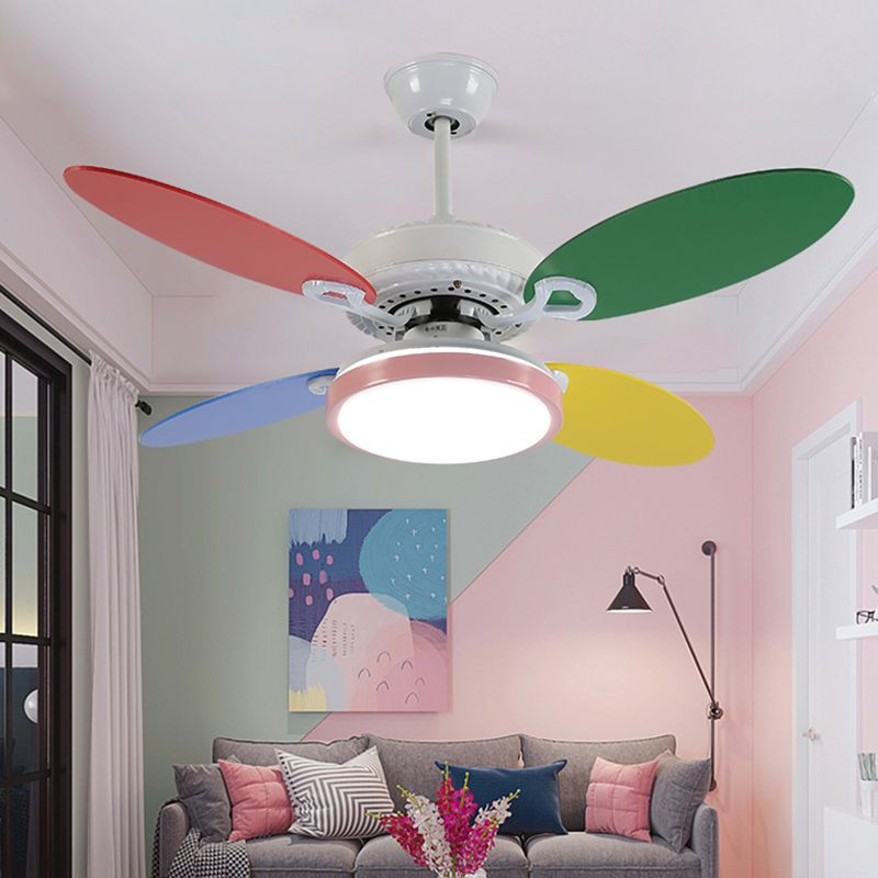 42" W Round Acrylic Semi Flushmount Nordic Kids LED Hanging Ceiling Fan Lamp in White with 4 Colorful Blades