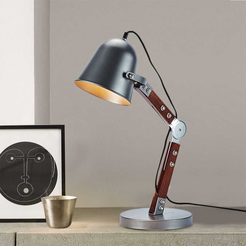 Industrial Bell Table Light 1 Bulb Metallic Plug In Desk Lamp in Black with Swing Wood Arm