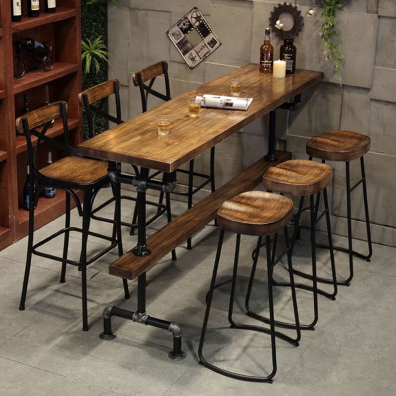 Pine Wood Top Rectangle Bar Table Industrial Bistro Table with Trestle Base